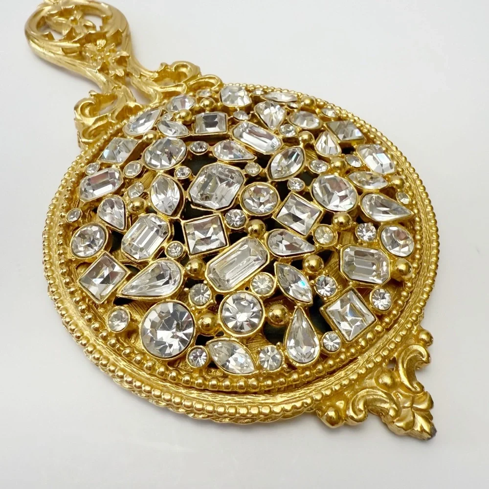 Kirks Folly Clear Rhinestone Crystal Jeweled Golden Small Vanity Hand Mirror
